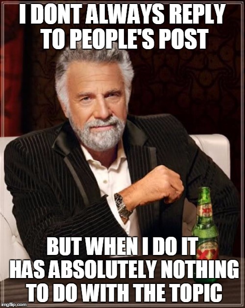 I DONT ALWAYS REPLY TO PEOPLE'S POST BUT WHEN I DO IT HAS ABSOLUTELY NOTHING TO DO WITH THE TOPIC | image tagged in memes,the most interesting man in the world | made w/ Imgflip meme maker