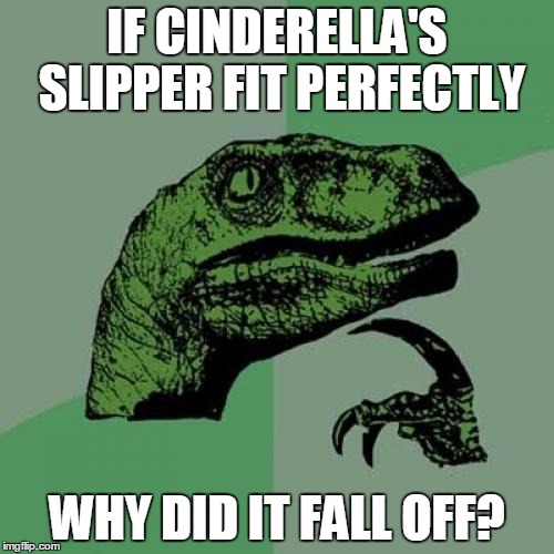 Philosoraptor | IF CINDERELLA'S SLIPPER FIT PERFECTLY; WHY DID IT FALL OFF? | image tagged in memes,philosoraptor | made w/ Imgflip meme maker