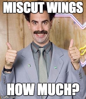 borat | MISCUT WINGS; HOW MUCH? | image tagged in borat | made w/ Imgflip meme maker