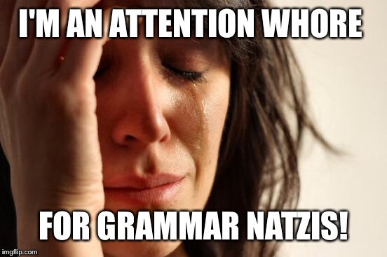 First World Problems Meme | I'M AN ATTENTION W**RE FOR GRAMMAR NATZIS! | image tagged in memes,first world problems | made w/ Imgflip meme maker