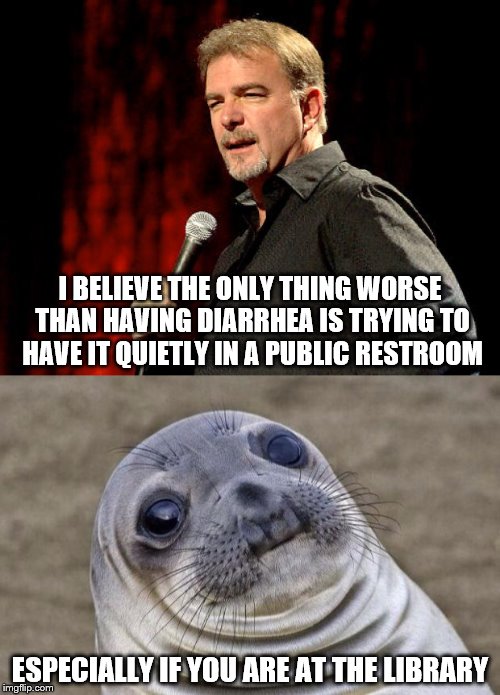 Taking one of Bill's I believes a little farther | I BELIEVE THE ONLY THING WORSE THAN HAVING DIARRHEA IS TRYING TO HAVE IT QUIETLY IN A PUBLIC RESTROOM; ESPECIALLY IF YOU ARE AT THE LIBRARY | image tagged in bill engvall,awkward moment sealion | made w/ Imgflip meme maker
