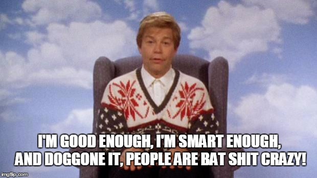 Stuart Smalley | I'M GOOD ENOUGH, I'M SMART ENOUGH, AND DOGGONE IT, PEOPLE ARE BAT SHIT CRAZY! | image tagged in stuart smalley | made w/ Imgflip meme maker