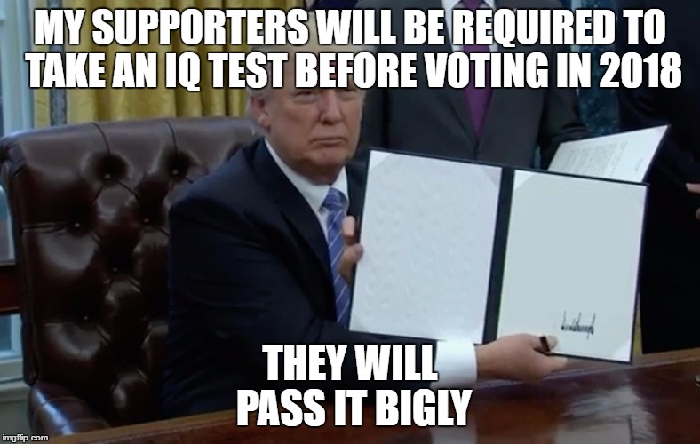 Executive Order Trump | MY SUPPORTERS WILL BE REQUIRED TO TAKE AN IQ TEST BEFORE VOTING IN 2018; THEY WILL PASS IT BIGLY | image tagged in executive order trump | made w/ Imgflip meme maker