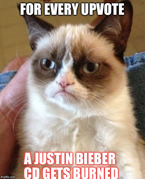 Grumpy Cat | FOR EVERY UPVOTE; A JUSTIN BIEBER CD GETS BURNED | image tagged in memes,grumpy cat | made w/ Imgflip meme maker