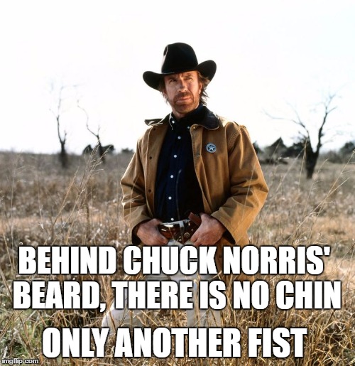 CHUCK NORRIS WEEK | BEHIND CHUCK NORRIS' BEARD, THERE IS NO CHIN; ONLY ANOTHER FIST | image tagged in chuck norris | made w/ Imgflip meme maker