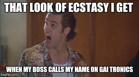ace ventura | THAT LOOK OF ECSTASY I GET; WHEN MY BOSS CALLS MY NAME ON GAI TRONICS | image tagged in ace ventura | made w/ Imgflip meme maker