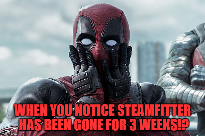 Deadpool - Gasp | WHEN YOU NOTICE STEAMFITTER HAS BEEN GONE FOR 3 WEEKS!? | image tagged in deadpool - gasp | made w/ Imgflip meme maker