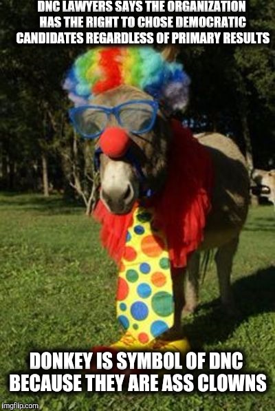 DNC lawyers say they have the right to pick candidates, not the voters. | DNC LAWYERS SAYS THE ORGANIZATION HAS THE RIGHT TO CHOSE DEMOCRATIC CANDIDATES REGARDLESS OF PRIMARY RESULTS; DONKEY IS SYMBOL OF DNC BECAUSE THEY ARE ASS CLOWNS | image tagged in ass clown,dnc 2016,debbie wasserman shultz,election 2016 | made w/ Imgflip meme maker