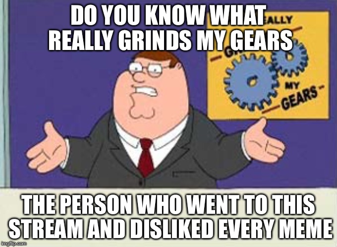 Grinds my gears | DO YOU KNOW WHAT REALLY GRINDS MY GEARS; THE PERSON WHO WENT TO THIS STREAM AND DISLIKED EVERY MEME | image tagged in grinds my gears | made w/ Imgflip meme maker