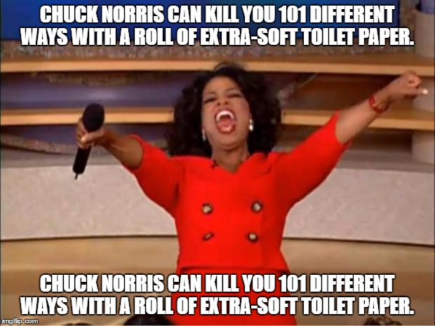 Oprah You Get A | CHUCK NORRIS CAN KILL YOU 101 DIFFERENT WAYS WITH A ROLL OF EXTRA-SOFT TOILET PAPER. CHUCK NORRIS CAN KILL YOU 101 DIFFERENT WAYS WITH A ROLL OF EXTRA-SOFT TOILET PAPER. | image tagged in memes,oprah you get a | made w/ Imgflip meme maker