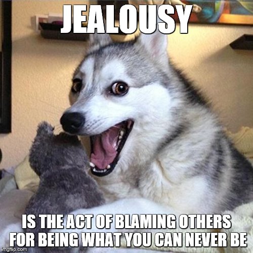 Its Not About HAVING its About Being. You Might Get Things, But Things Can't Make the Jealousy Go Away. | JEALOUSY; IS THE ACT OF BLAMING OTHERS FOR BEING WHAT YOU CAN NEVER BE | image tagged in bad pun dog,memes,funny,jealous,jealousy | made w/ Imgflip meme maker