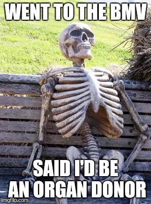 Waiting Skeleton | WENT TO THE BMV; SAID I'D BE AN ORGAN DONOR | image tagged in waiting skeleton,well shit,welfare surfer,trumpcare,forrest gump,lol so funny | made w/ Imgflip meme maker