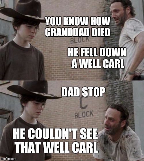 Rick and Carl | YOU KNOW HOW GRANDDAD DIED; HE FELL DOWN A WELL CARL; DAD STOP; HE COULDN'T SEE THAT WELL CARL | image tagged in memes,rick and carl | made w/ Imgflip meme maker