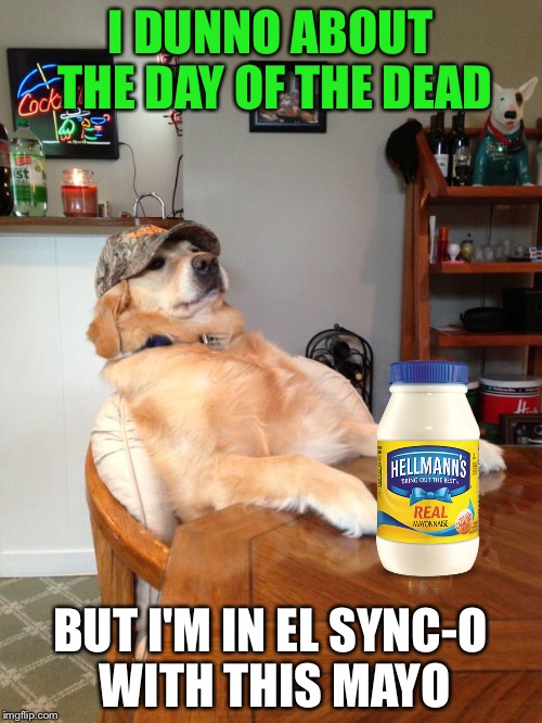 Redneck Hollarday  | I DUNNO ABOUT THE DAY OF THE DEAD; BUT I'M IN EL SYNC-O WITH THIS MAYO | image tagged in redneck dog | made w/ Imgflip meme maker