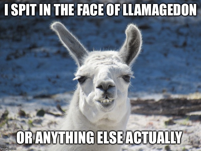 Derp | I SPIT IN THE FACE OF LLAMAGEDON OR ANYTHING ELSE ACTUALLY | image tagged in derp | made w/ Imgflip meme maker