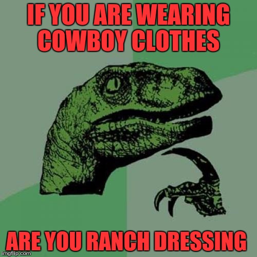 Ranch Dressing...Get It  | IF YOU ARE WEARING COWBOY CLOTHES; ARE YOU RANCH DRESSING | image tagged in memes,philosoraptor,funny | made w/ Imgflip meme maker