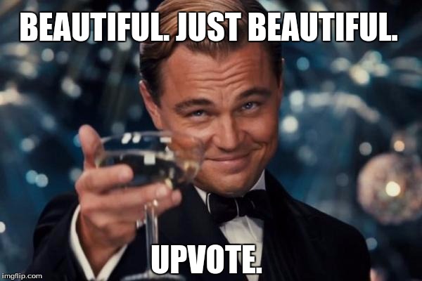 When you see an awesome meme | BEAUTIFUL. JUST BEAUTIFUL. UPVOTE. | image tagged in memes,leonardo dicaprio cheers,upvotes,upvote,beautiful | made w/ Imgflip meme maker