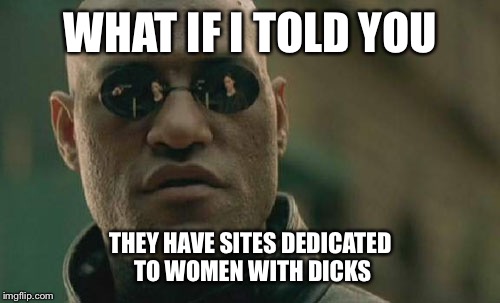 Matrix Morpheus Meme | WHAT IF I TOLD YOU THEY HAVE SITES DEDICATED TO WOMEN WITH DICKS | image tagged in memes,matrix morpheus | made w/ Imgflip meme maker