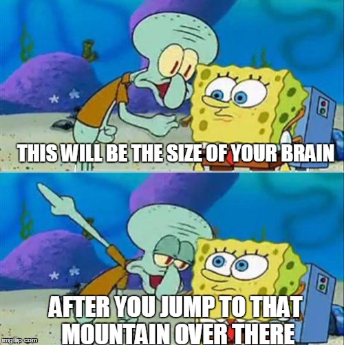 Talk To Spongebob | THIS WILL BE THE SIZE OF YOUR BRAIN; AFTER YOU JUMP TO THAT MOUNTAIN OVER THERE | image tagged in memes,talk to spongebob | made w/ Imgflip meme maker