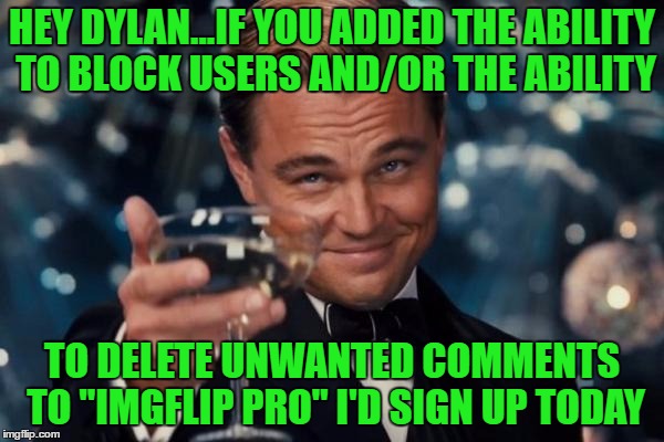 I know I'm not the only one...Just think of the revenue you could generate while eliminating some headaches... Who's with me? | HEY DYLAN...IF YOU ADDED THE ABILITY TO BLOCK USERS AND/OR THE ABILITY; TO DELETE UNWANTED COMMENTS TO "IMGFLIP PRO" I'D SIGN UP TODAY | image tagged in memes,leonardo dicaprio cheers,imgflip pro,stop the trolls,imgflip pro please,it's worth a try | made w/ Imgflip meme maker