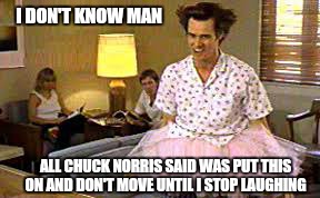 I DON'T KNOW MAN ALL CHUCK NORRIS SAID WAS PUT THIS ON AND DON'T MOVE UNTIL I STOP LAUGHING | image tagged in memes,chuck norris week,funny | made w/ Imgflip meme maker