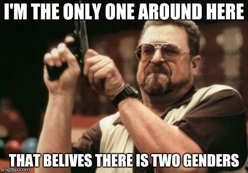 Am I The Only One Around Here Meme | I'M THE ONLY ONE AROUND HERE; THAT BELIVES THERE IS TWO GENDERS | image tagged in memes,am i the only one around here | made w/ Imgflip meme maker