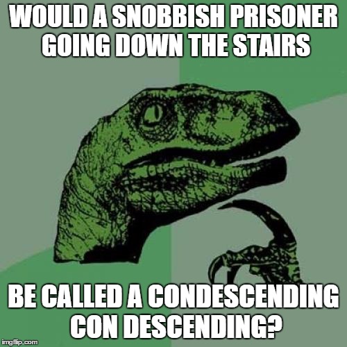 Philosoraptor | WOULD A SNOBBISH PRISONER GOING DOWN THE STAIRS; BE CALLED A CONDESCENDING CON DESCENDING? | image tagged in memes,philosoraptor | made w/ Imgflip meme maker