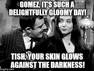 Addams Family | GOMEZ, IT'S SUCH A DELIGHTFULLY GLOOMY DAY! TISH, YOUR SKIN GLOWS AGAINST THE DARKNESS! | image tagged in addams family | made w/ Imgflip meme maker
