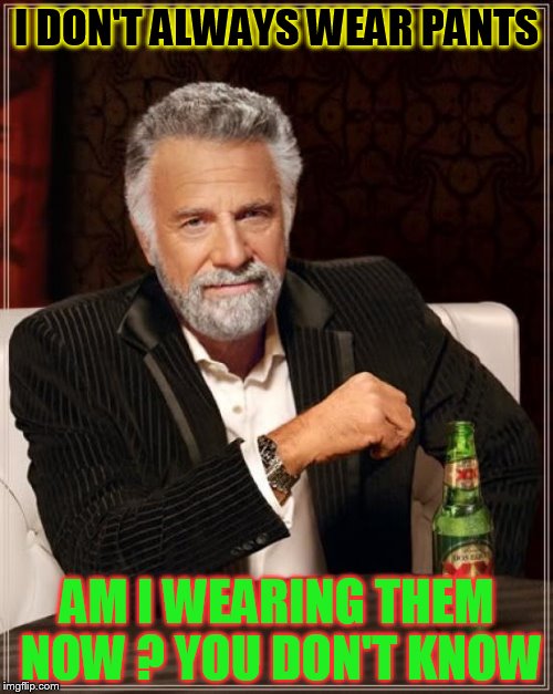 The Most Interesting Man In The World | I DON'T ALWAYS WEAR PANTS; AM I WEARING THEM NOW ? YOU DON'T KNOW | image tagged in memes,the most interesting man in the world | made w/ Imgflip meme maker