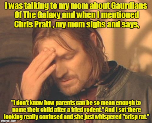 Frustrated Boromir Meme | I was talking to my mom about Gaurdians Of The Galaxy and when I mentioned Chris Pratt , my mom sighs and says, "I don't know how parents can be so mean enough to name their child after a fried rodent." And I sat there looking really confused and she just whispered "crisp rat." | image tagged in memes,frustrated boromir | made w/ Imgflip meme maker