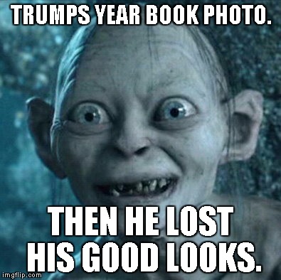 Gollum | TRUMPS YEAR BOOK PHOTO. THEN HE LOST HIS GOOD LOOKS. | image tagged in memes,gollum | made w/ Imgflip meme maker