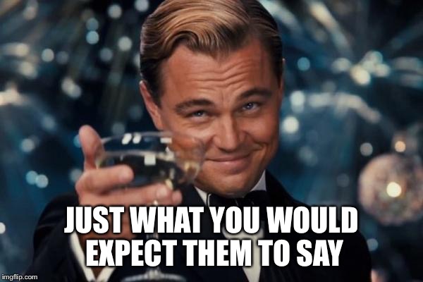 Leonardo Dicaprio Cheers Meme | JUST WHAT YOU WOULD EXPECT THEM TO SAY | image tagged in memes,leonardo dicaprio cheers | made w/ Imgflip meme maker