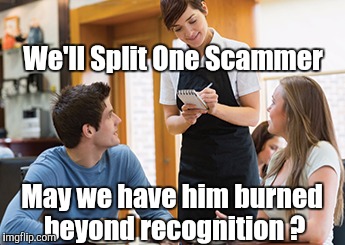 Memes | We'll Split One Scammer May we have him burned beyond recognition ? | image tagged in memes | made w/ Imgflip meme maker