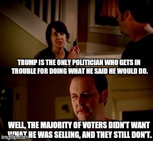 Jake from state farm | TRUMP IS THE ONLY POLITICIAN WHO GETS IN TROUBLE FOR DOING WHAT HE SAID HE WOULD DO. WELL, THE MAJORITY OF VOTERS DIDN'T WANT WHAT HE WAS SELLING, AND THEY STILL DON'T. | image tagged in jake from state farm,memes,fuck donald trump,mad cow,logical | made w/ Imgflip meme maker