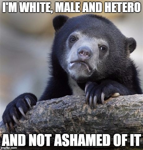 Guess I need to go check my privilege | I'M WHITE, MALE AND HETERO; AND NOT ASHAMED OF IT | image tagged in memes,confession bear | made w/ Imgflip meme maker