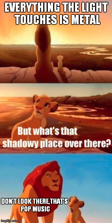 Simba Shadowy Place | EVERYTHING THE LIGHT TOUCHES IS METAL; DON'T LOOK THERE,THAT'S POP MUSIC | image tagged in memes,simba shadowy place | made w/ Imgflip meme maker
