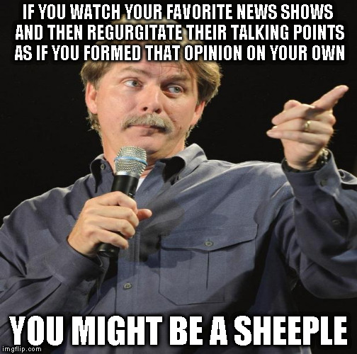Too many people do this | IF YOU WATCH YOUR FAVORITE NEWS SHOWS AND THEN REGURGITATE THEIR TALKING POINTS AS IF YOU FORMED THAT OPINION ON YOUR OWN; YOU MIGHT BE A SHEEPLE | image tagged in memes,jeff foxworthy,sheeple,liberals,conservatives | made w/ Imgflip meme maker