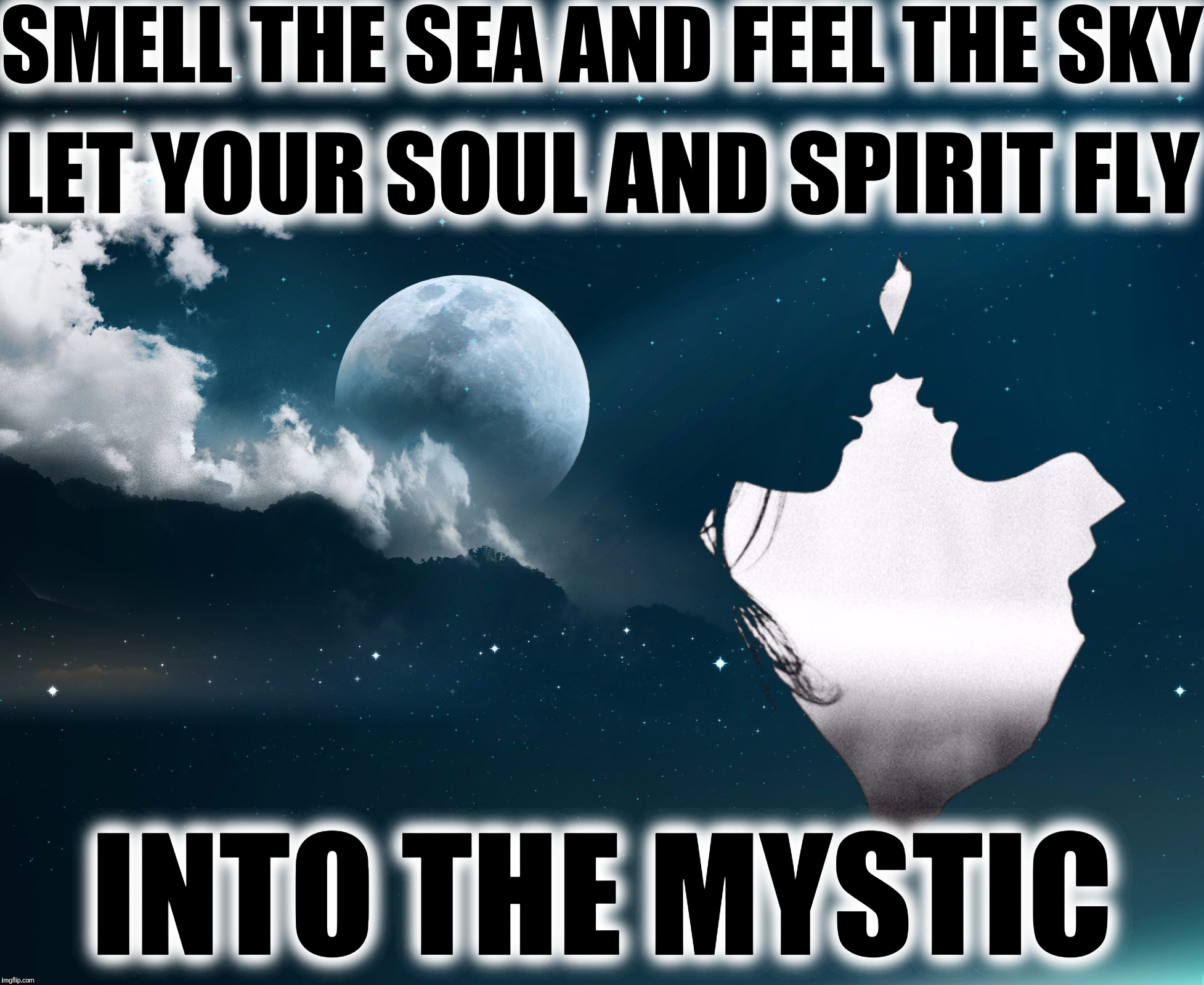 Into the mystic | SMELL THE SEA AND FEEL THE SKY; LET YOUR SOUL AND SPIRIT FLY; INTO THE MYSTIC | image tagged in memes,van morrison,into the mystic,love,moon and stars,clouds | made w/ Imgflip meme maker