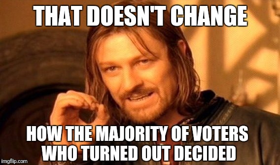 One Does Not Simply Meme | THAT DOESN'T CHANGE HOW THE MAJORITY OF VOTERS WHO TURNED OUT DECIDED | image tagged in memes,one does not simply | made w/ Imgflip meme maker