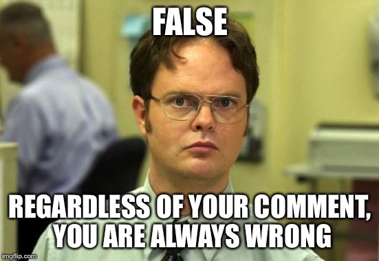 Dwight Schrute Meme | FALSE; REGARDLESS OF YOUR COMMENT, YOU ARE ALWAYS WRONG | image tagged in memes,dwight schrute | made w/ Imgflip meme maker