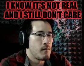 Markiplier not impressed | I KNOW IT'S NOT REAL AND I STILL DON'T CARE | image tagged in markiplier not impressed | made w/ Imgflip meme maker
