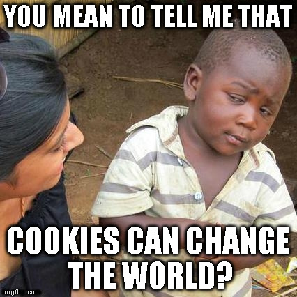 Third World Skeptical Kid Meme | YOU MEAN TO TELL ME THAT COOKIES CAN CHANGE THE WORLD? | image tagged in memes,third world skeptical kid | made w/ Imgflip meme maker