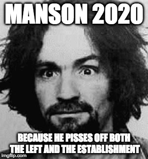 charles manson | MANSON 2020; BECAUSE HE PISSES OFF BOTH THE LEFT AND THE ESTABLISHMENT | image tagged in charles manson | made w/ Imgflip meme maker
