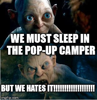 Gollum | WE MUST SLEEP IN THE POP-UP CAMPER; BUT WE HATES IT!!!!!!!!!!!!!!!!!!! | image tagged in gollum | made w/ Imgflip meme maker