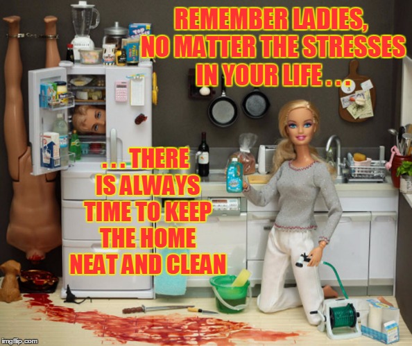 someone was busy and forgot to take their Risperdal again... | REMEMBER LADIES, NO MATTER THE STRESSES IN YOUR LIFE . . . . . . THERE IS ALWAYS TIME TO KEEP THE HOME NEAT AND CLEAN | image tagged in memes,barbie meme week,barbie | made w/ Imgflip meme maker