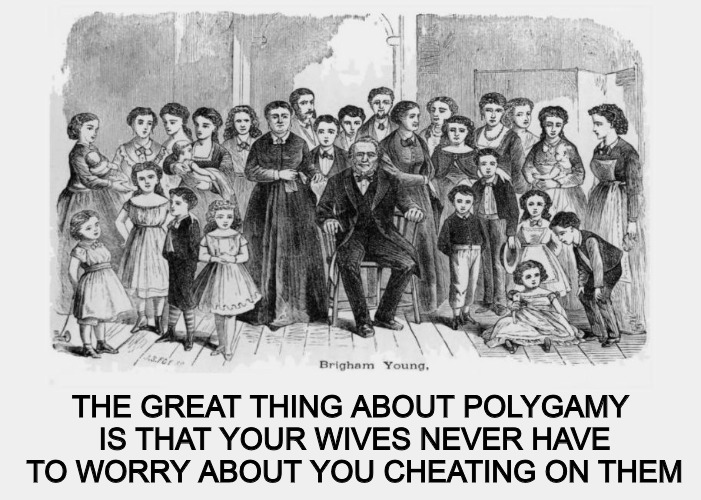 Maybe Brigham Young had the right idea... | THE GREAT THING ABOUT POLYGAMY IS THAT YOUR WIVES NEVER HAVE TO WORRY ABOUT YOU CHEATING ON THEM | image tagged in marriage,polygamy,brigham young,family,mormons | made w/ Imgflip meme maker