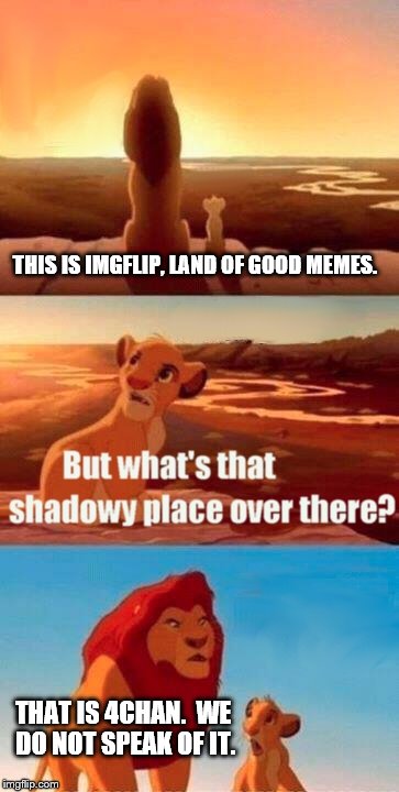 4chan - land of shadows. | THIS IS IMGFLIP, LAND OF GOOD MEMES. THAT IS 4CHAN.  WE DO NOT SPEAK OF IT. | image tagged in memes,simba shadowy place,4chan,imgflip | made w/ Imgflip meme maker