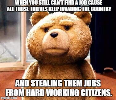 TED | WHEN YOU STILL CAN'T FIND A JOB CAUSE ALL THOSE THIEVES KEEP INVADING THE COUNTRY; AND STEALING THEM JOBS FROM HARD WORKING CITIZENS. | image tagged in memes,ted | made w/ Imgflip meme maker