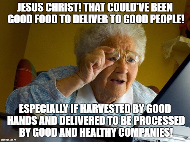 Grandma Finds The Internet Meme | JESUS CHRIST! THAT COULD'VE BEEN GOOD FOOD TO DELIVER TO GOOD PEOPLE! ESPECIALLY IF HARVESTED BY GOOD HANDS AND DELIVERED TO BE PROCESSED BY | image tagged in memes,grandma finds the internet | made w/ Imgflip meme maker