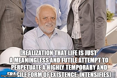 either that or he's constipated... | [REALIZATION THAT LIFE IS JUST A MEANINGLESS AND FUTILE ATTEMPT TO PERPETUATE A HIGHLY TEMPORARY AND FRAGILE FORM OF EXISTENCE: INTENSIFIES] | image tagged in harold's extreme internal pain,memes,hide the pain harold | made w/ Imgflip meme maker